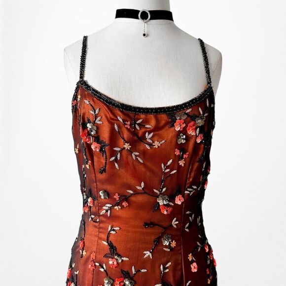 Vintage Y2K Orange Silk Brown Floral Beaded Mesh Bodycon Maxi Prom Dress Size M - Picture 7 of 8